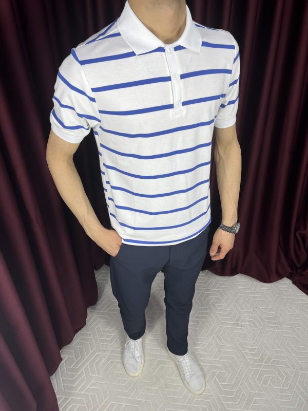 İnce Çizgi Pamuk Polo Yaka T-Shirt-Lacivert Beyaz