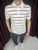 İnce Çizgi Pamuk Polo Yaka T-Shirt-Kahverengi Beyaz