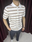 İnce Çizgi Pamuk Polo Yaka T-Shirt-Kahverengi Beyaz