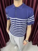 Çizgili Triko Polo Yaka T-Shirt-Lacivert