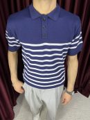 Çizgili Triko Polo Yaka T-Shirt-Lacivert